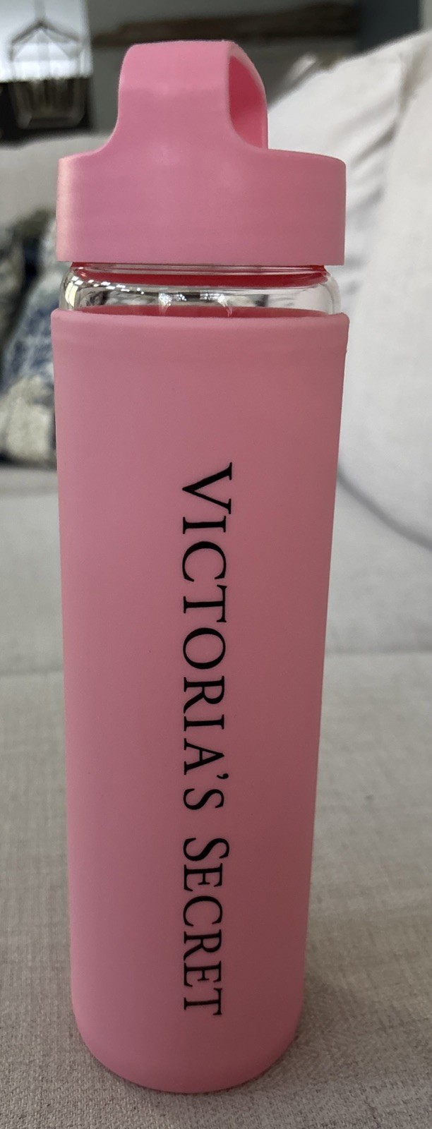 Victoria’s Secret Glass Water Bottle W/Pink Silicone Cover & Wide Mouth Loop Cap