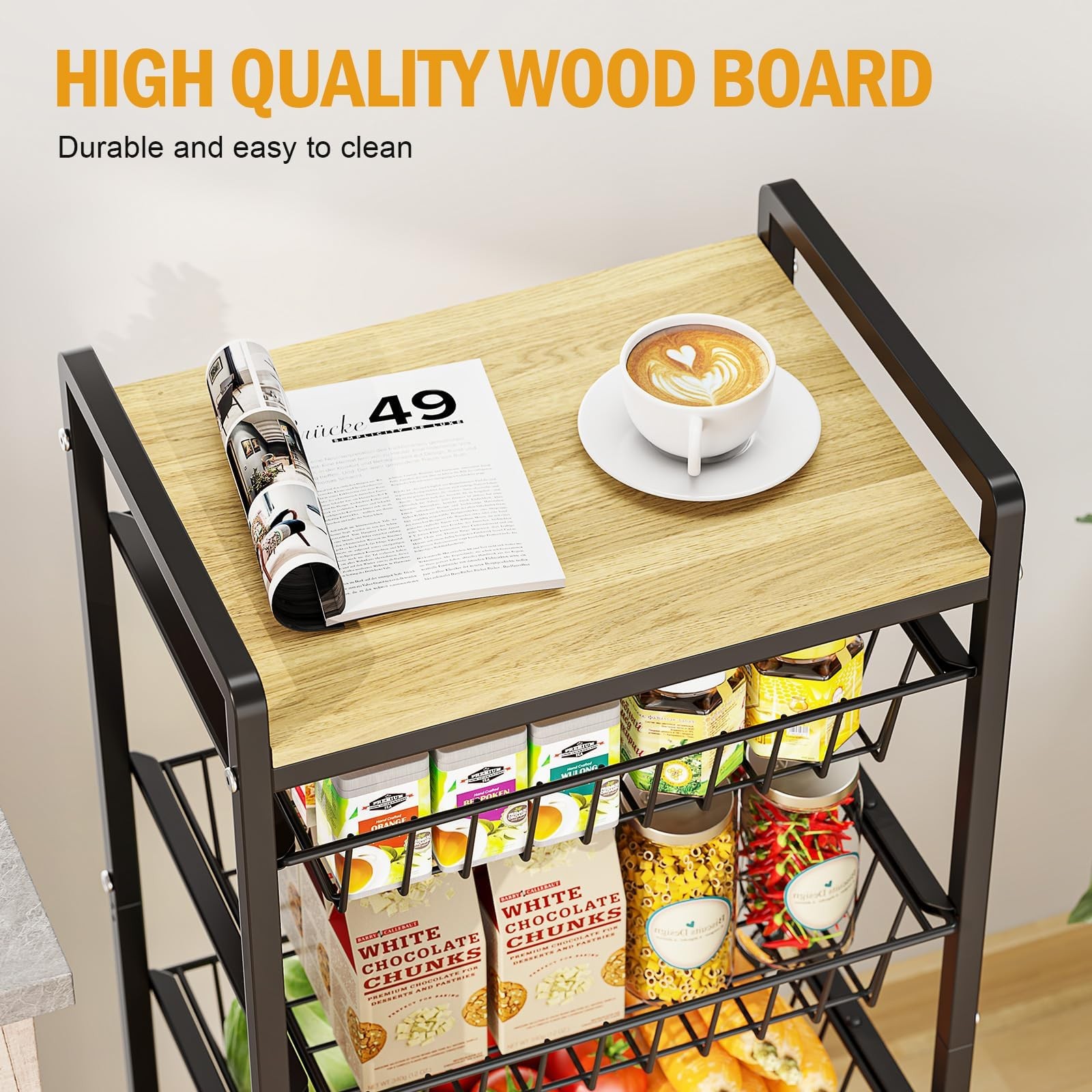 5-Tier Kitchen Cart with Tabletop, Rolling Snack Cart with Lockable Wheels, F...