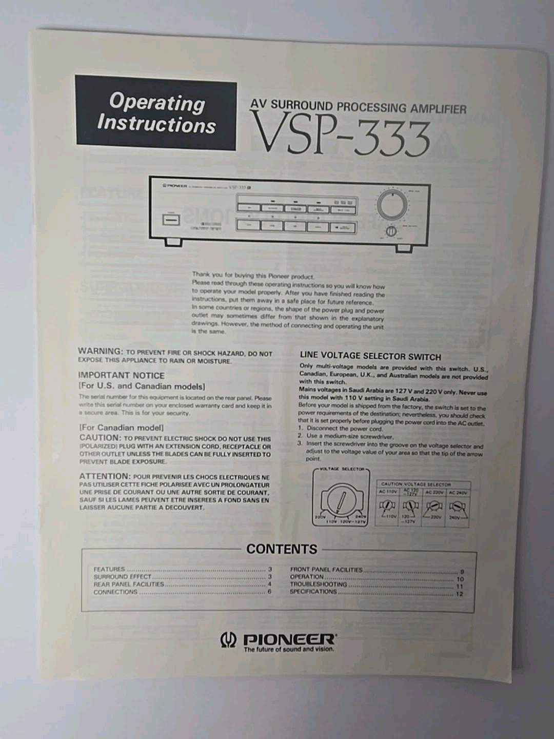 Pioneer VSP-333 AV Surround Processing Amplifier Operating Instructions Manual -