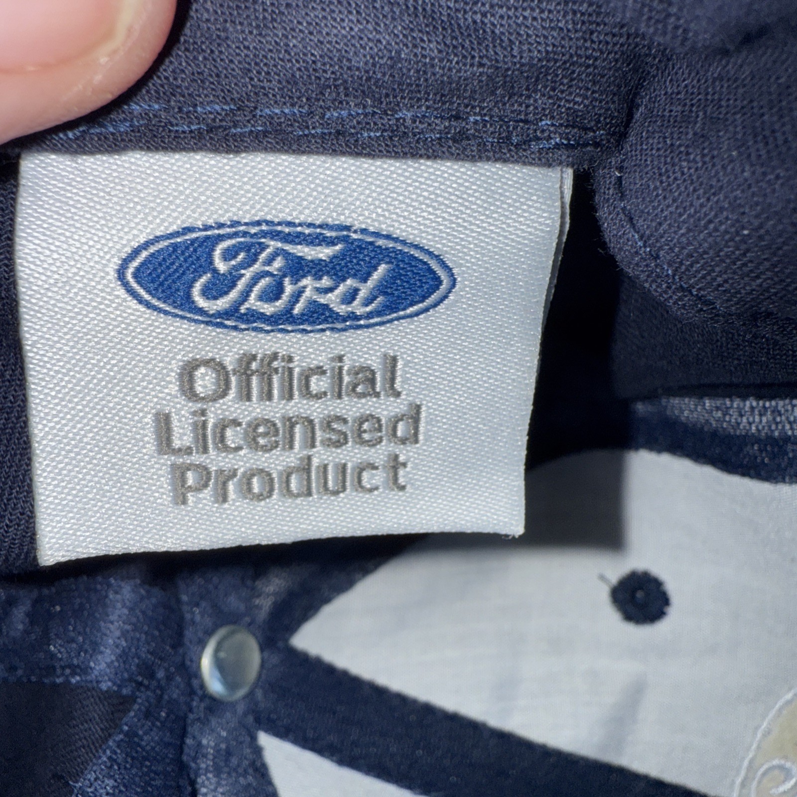 FORD Harold Ziegler White Navy Hat Cap Hook Loop Built Tough Ford Patch Back EUC
