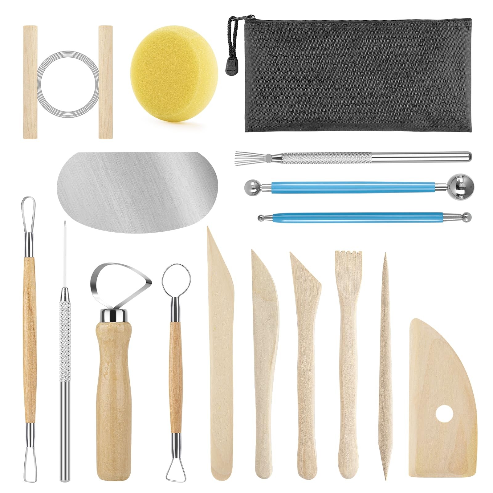 KACOLA Pottery Tool Kit, 17pcs Polymer Clay Tools, wooden/blue/black/mental