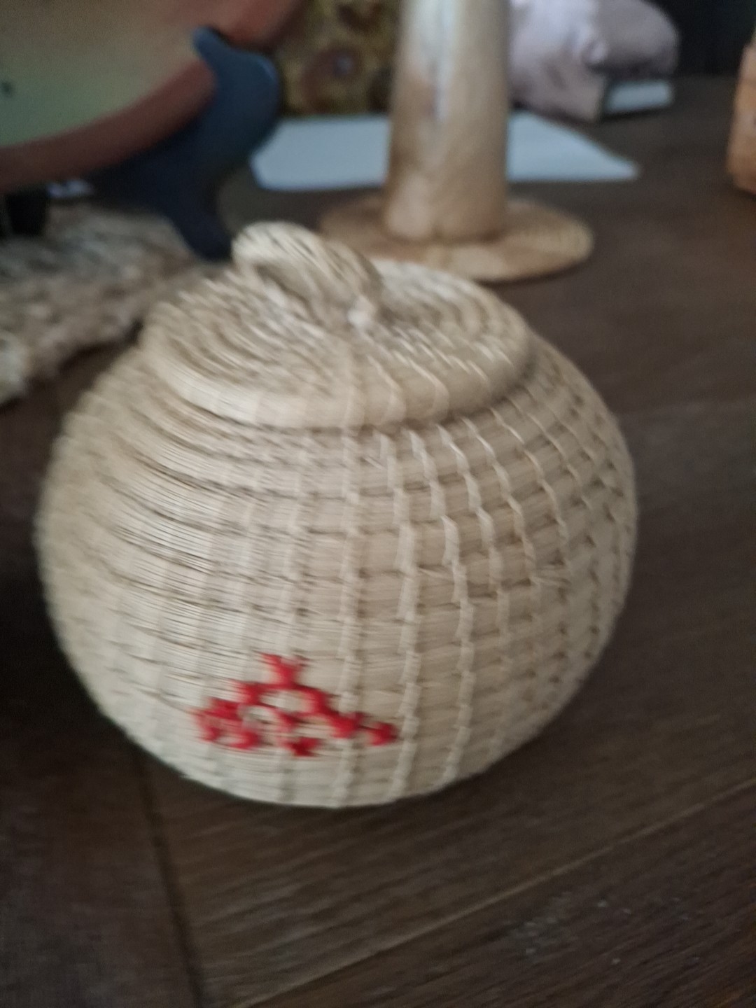 Small Hand Woven Lidded Baskets With Thread work