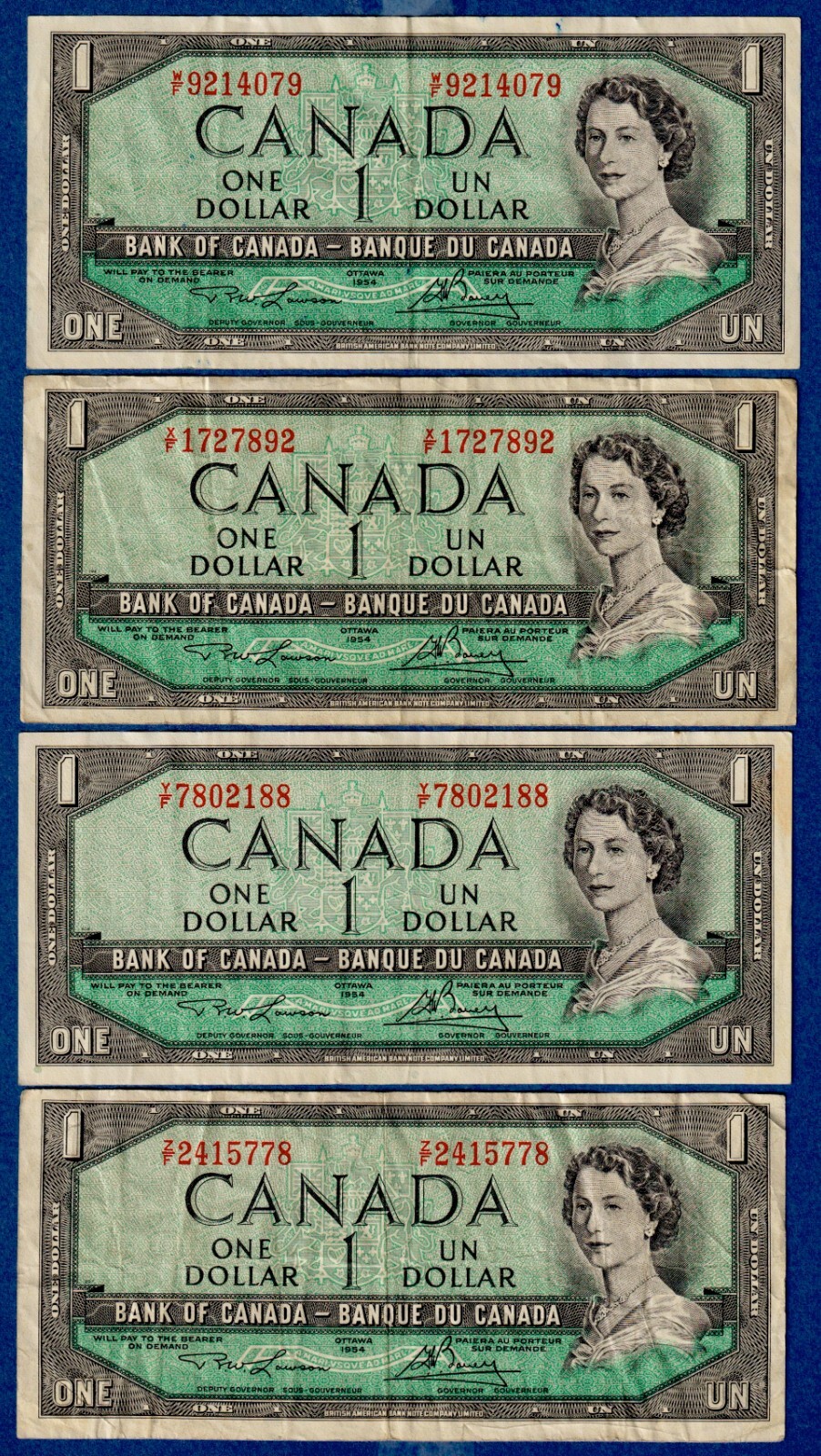 Canada 1954 $1 Lot BC-37d / P-75d - QE II - Circ.   4 Diff Prefixes W/F to Z/F