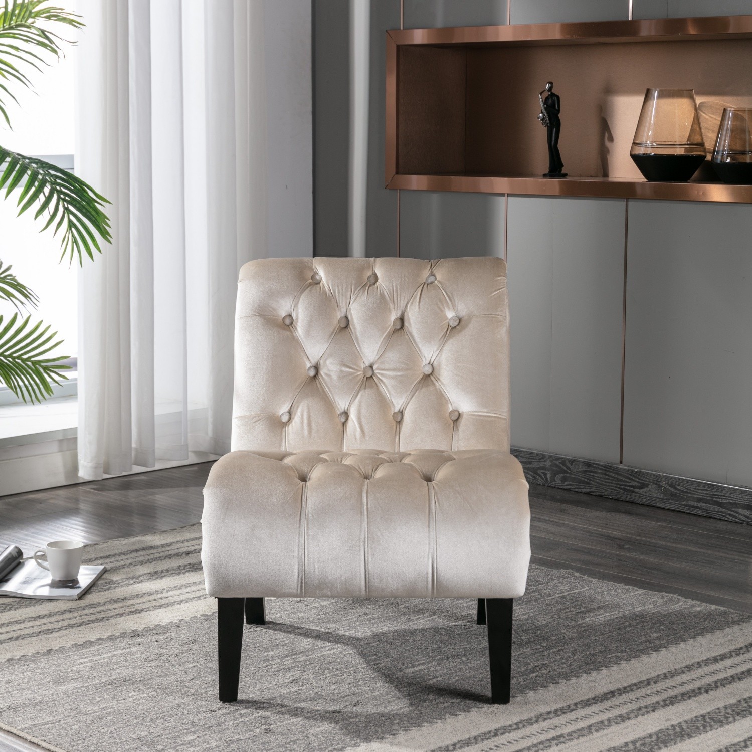 Armless Velvet Tufted Accent Chair Lounge Chair w/ Solid Wood Legs for Apartment