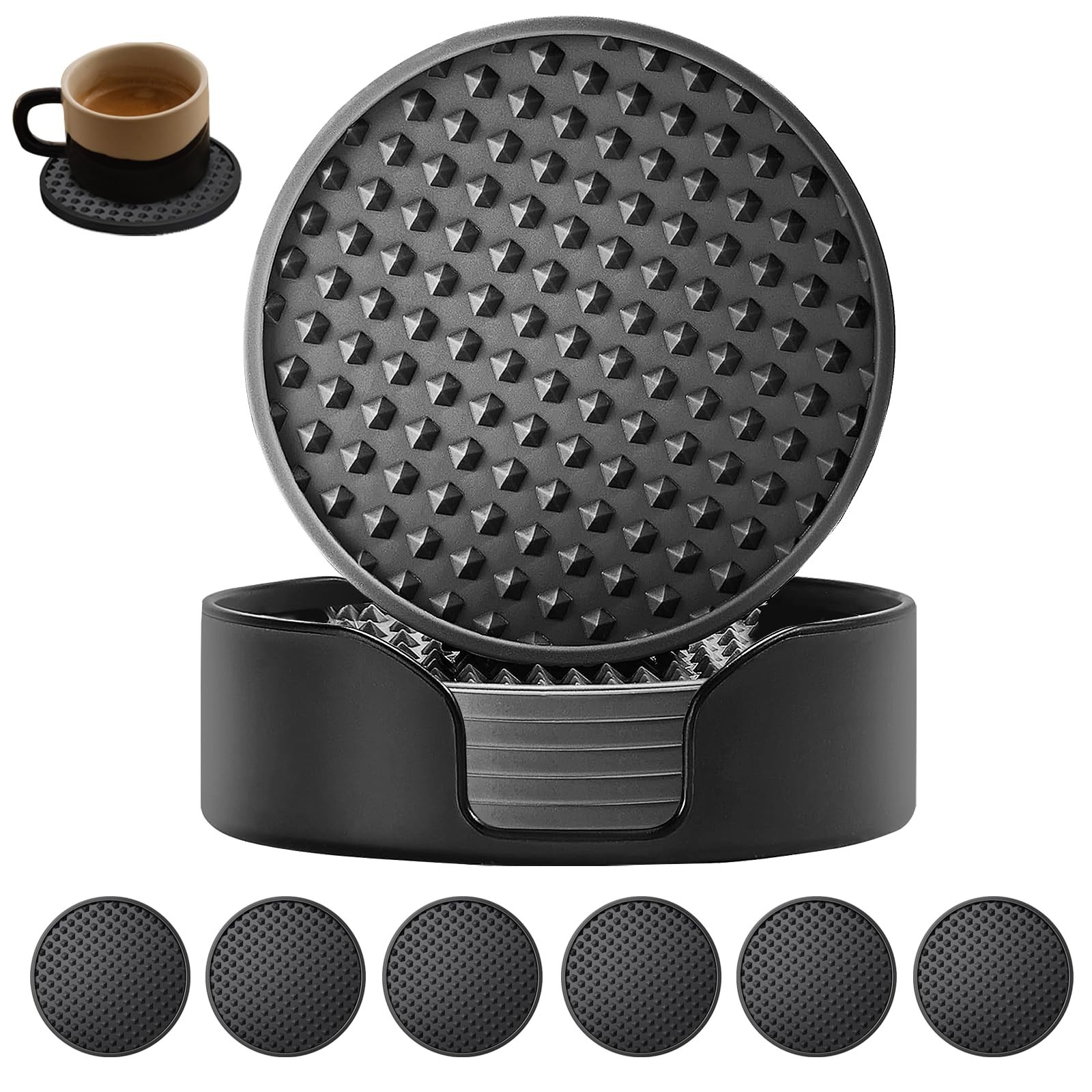 Silicone Coasters 6 Pack with Holder, Non-Slip Non-Stick Heat Resistant Cup M...