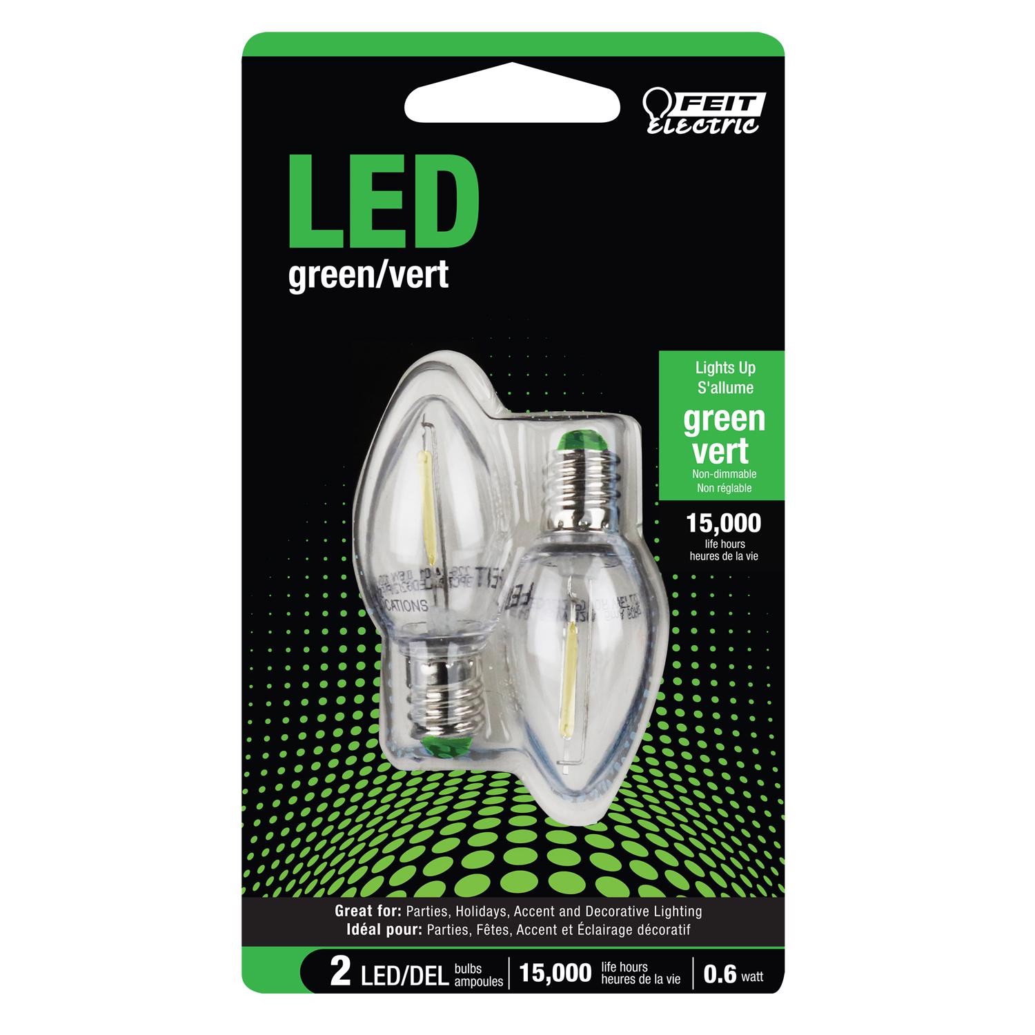 Feit LED Specialty C7 E12 (Candelabra) LED Bulb Green 0.1 Watt Equivalence 2 pk