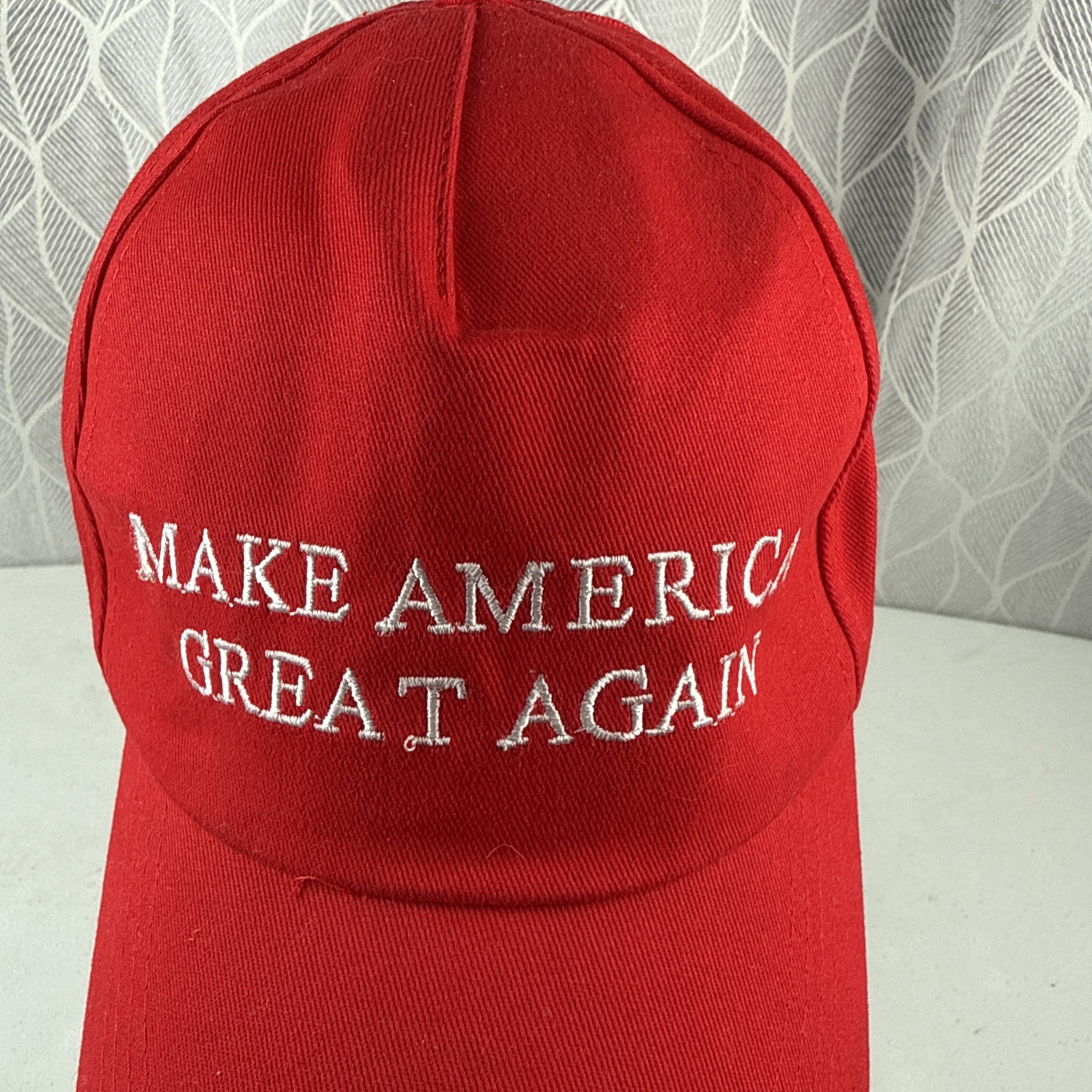 “Make America Great Again” White Letters on Red Hat Cap w American Flag HookLoop