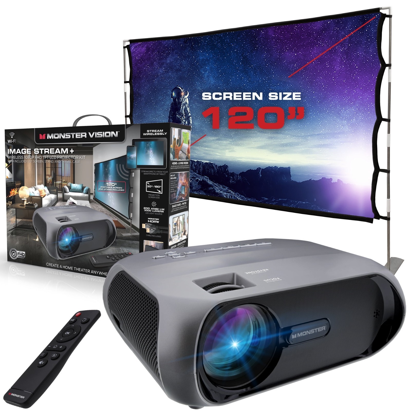 Monster Vision 1080P Image Stream Projector & 120” Portable Screen, 2500 Lumens™