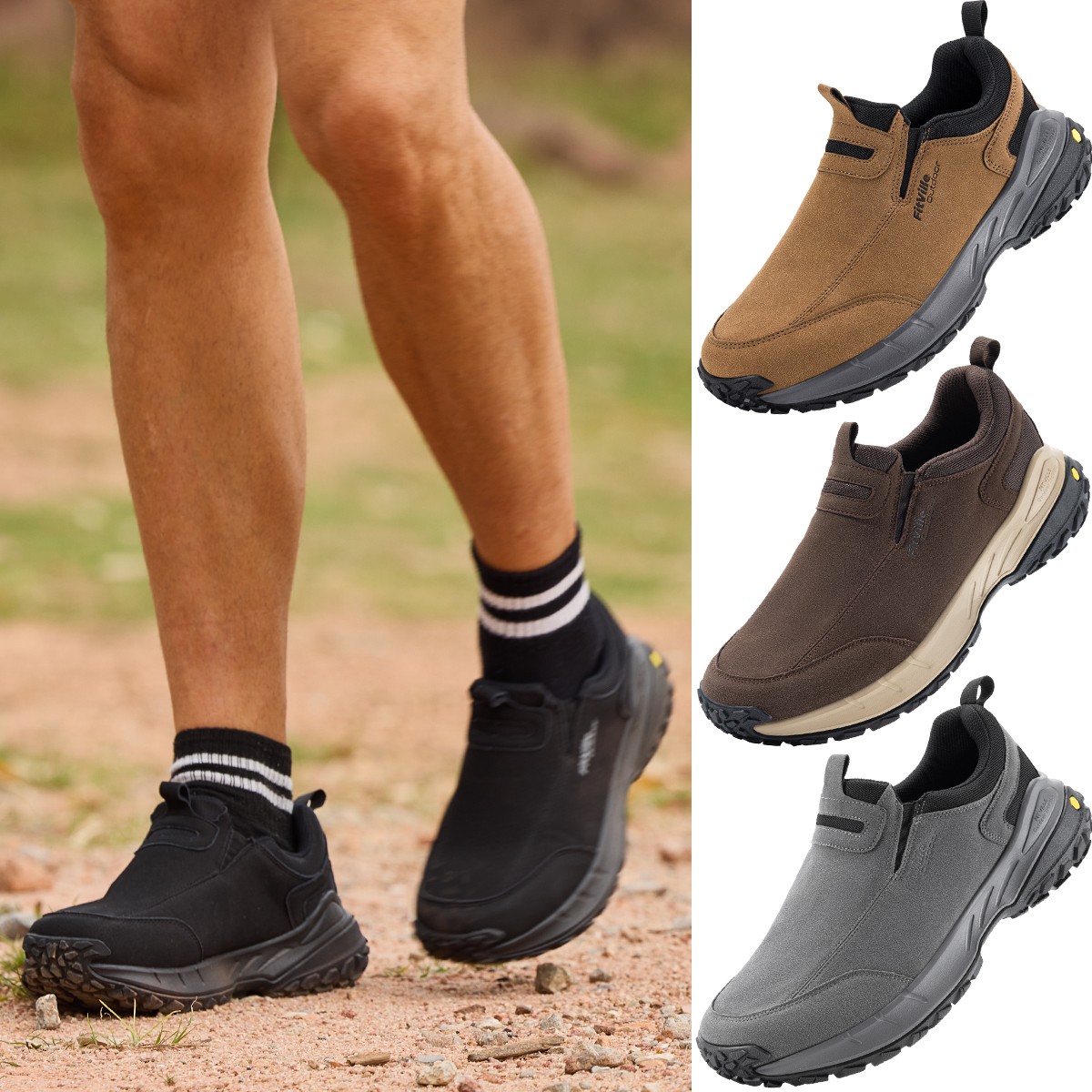FitVille Mens Slip on Hiking Walking Shoes Trekking Loafer Outdoor Wide Toe Box