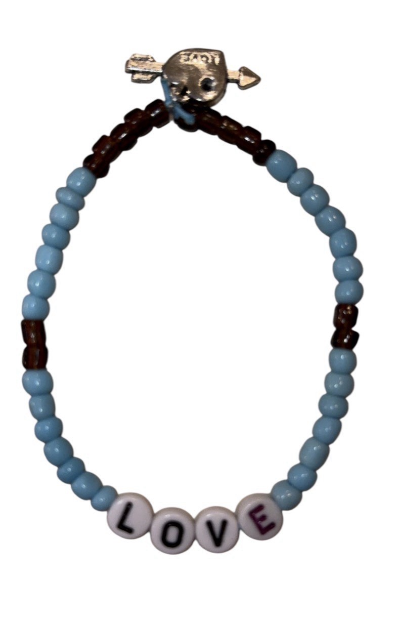 “Love” Handmade, Hand Beaded Blue Bracelet