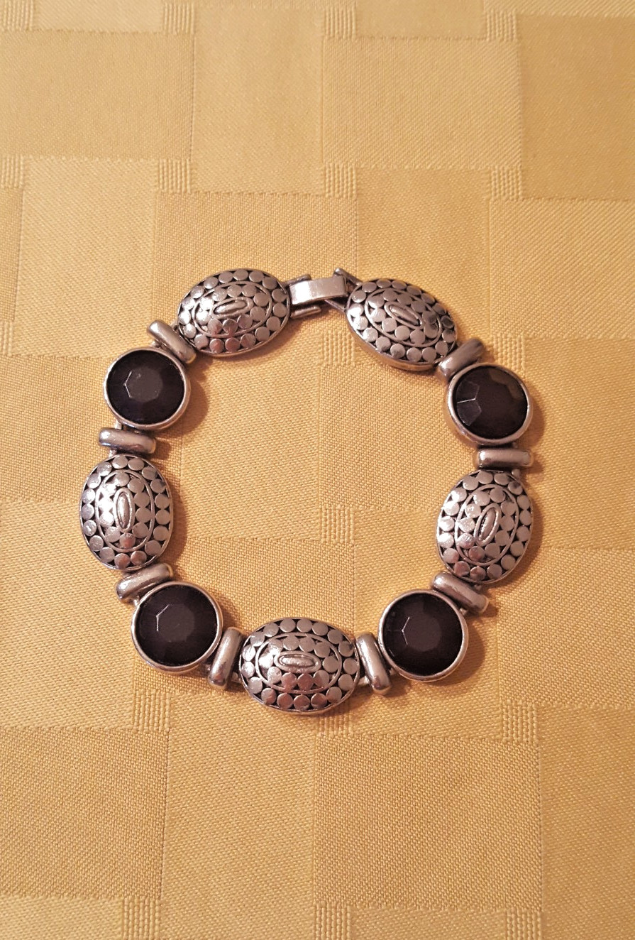 Artisan Silvertone and Black Faceted Bead Bracelet