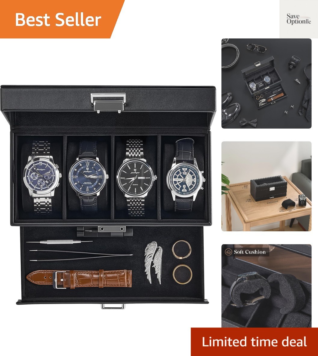 Watch Case, 4 Slot Mens Watch Box Holder Organizer with Glass Lid, 2-Layer Wa...