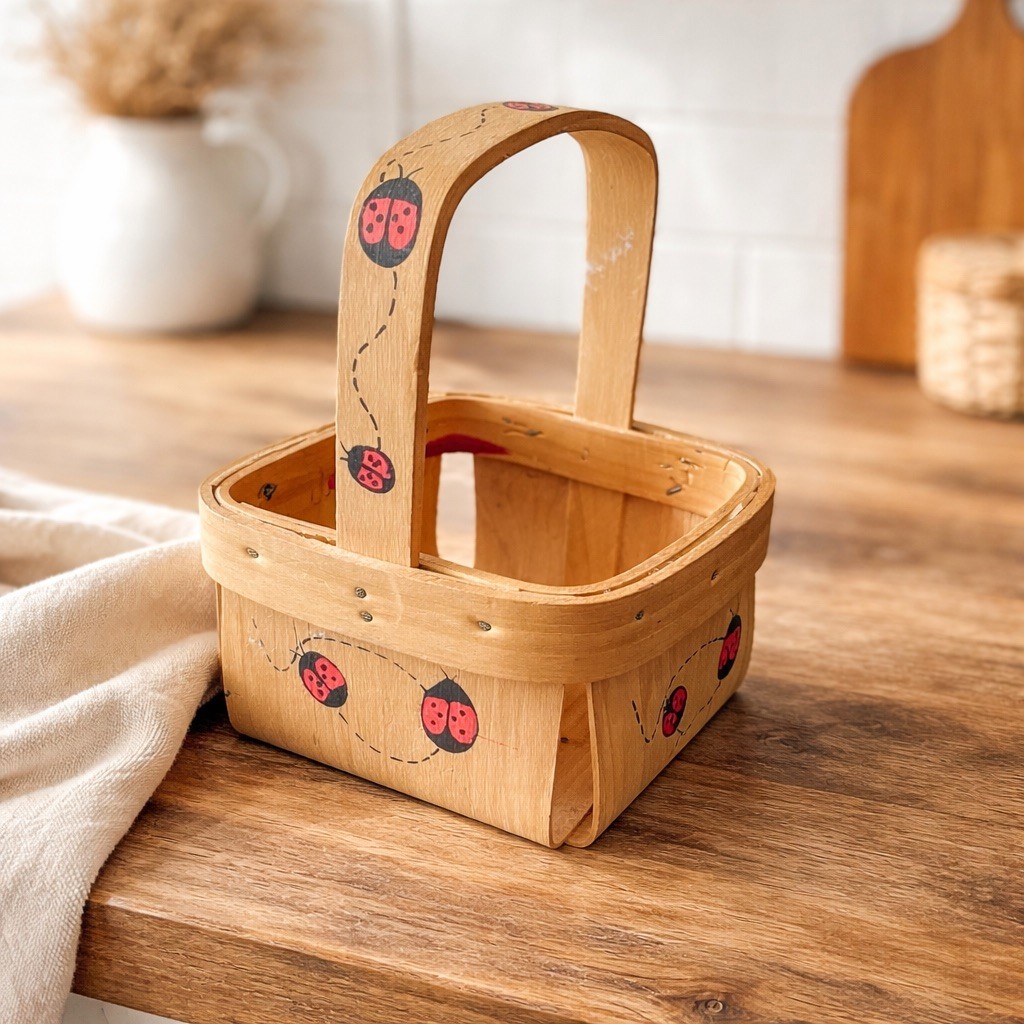 Small Wooden Ladybug Basket 4x7 Cottage Farmhouse Decor