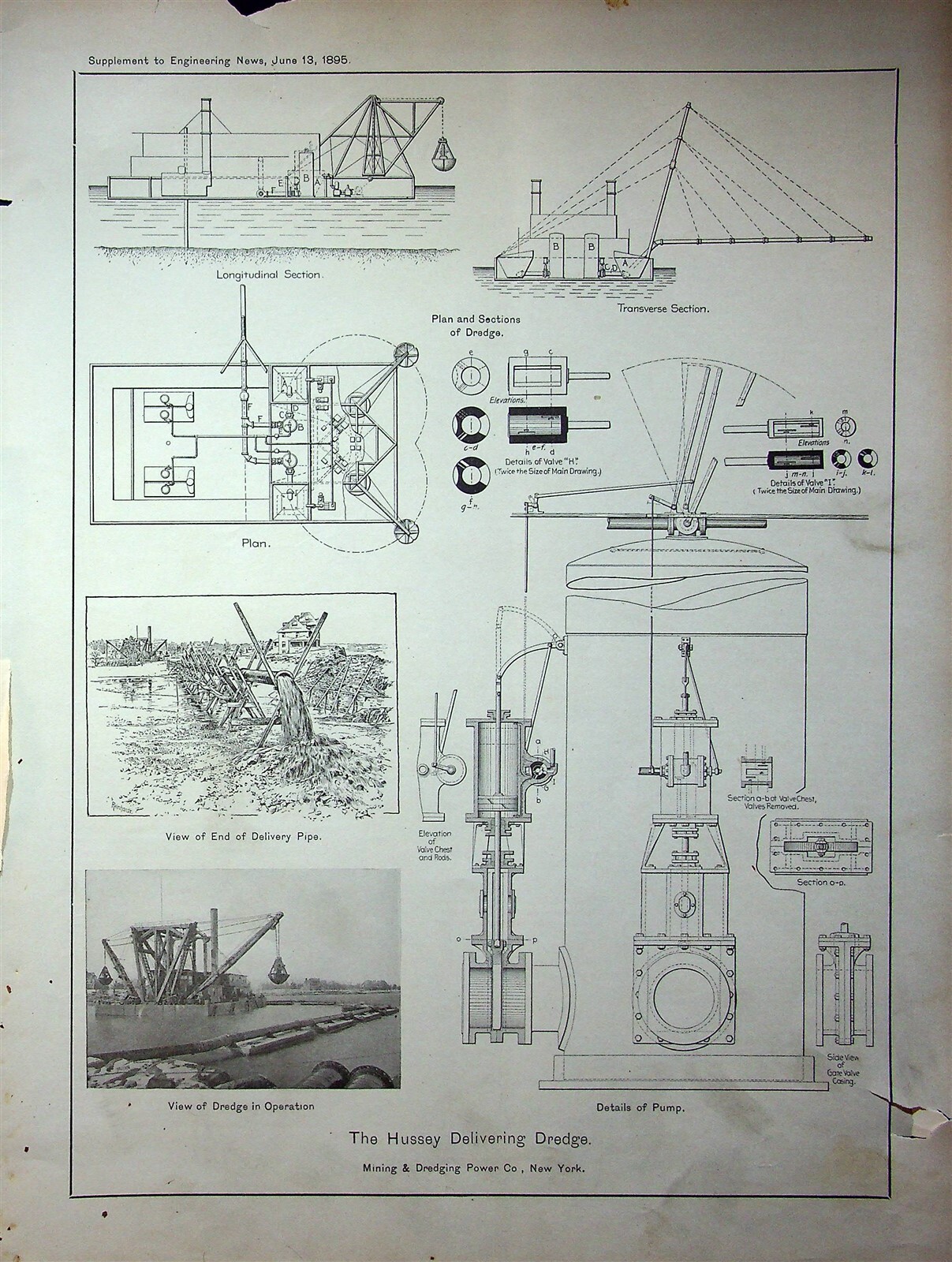 Engineering News June 13 1895 Article & Schematic Hussey Delivering Dredge NY