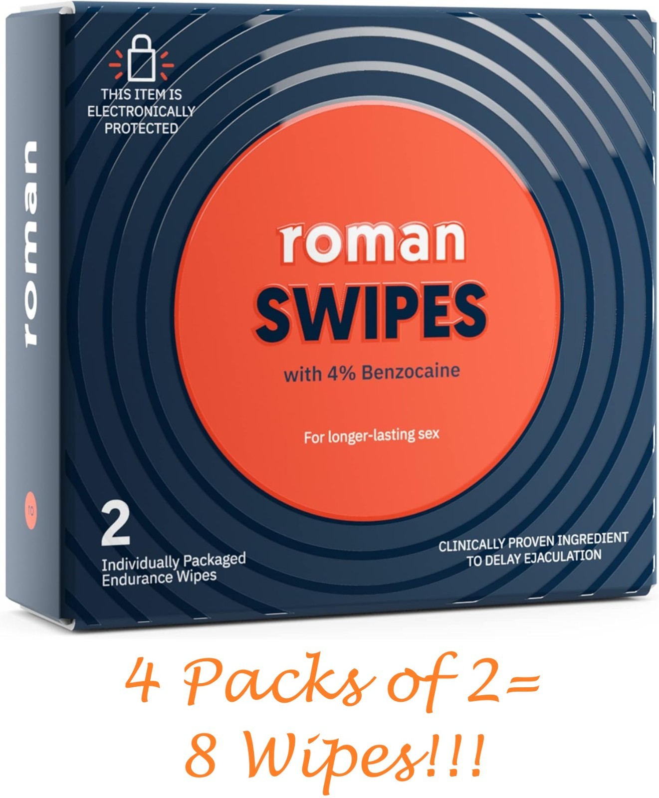 4- Roman Swipes 4% Benzocaine 2 Ind Wrapped Male Sexual Endurance Wipes-2*4=8ct