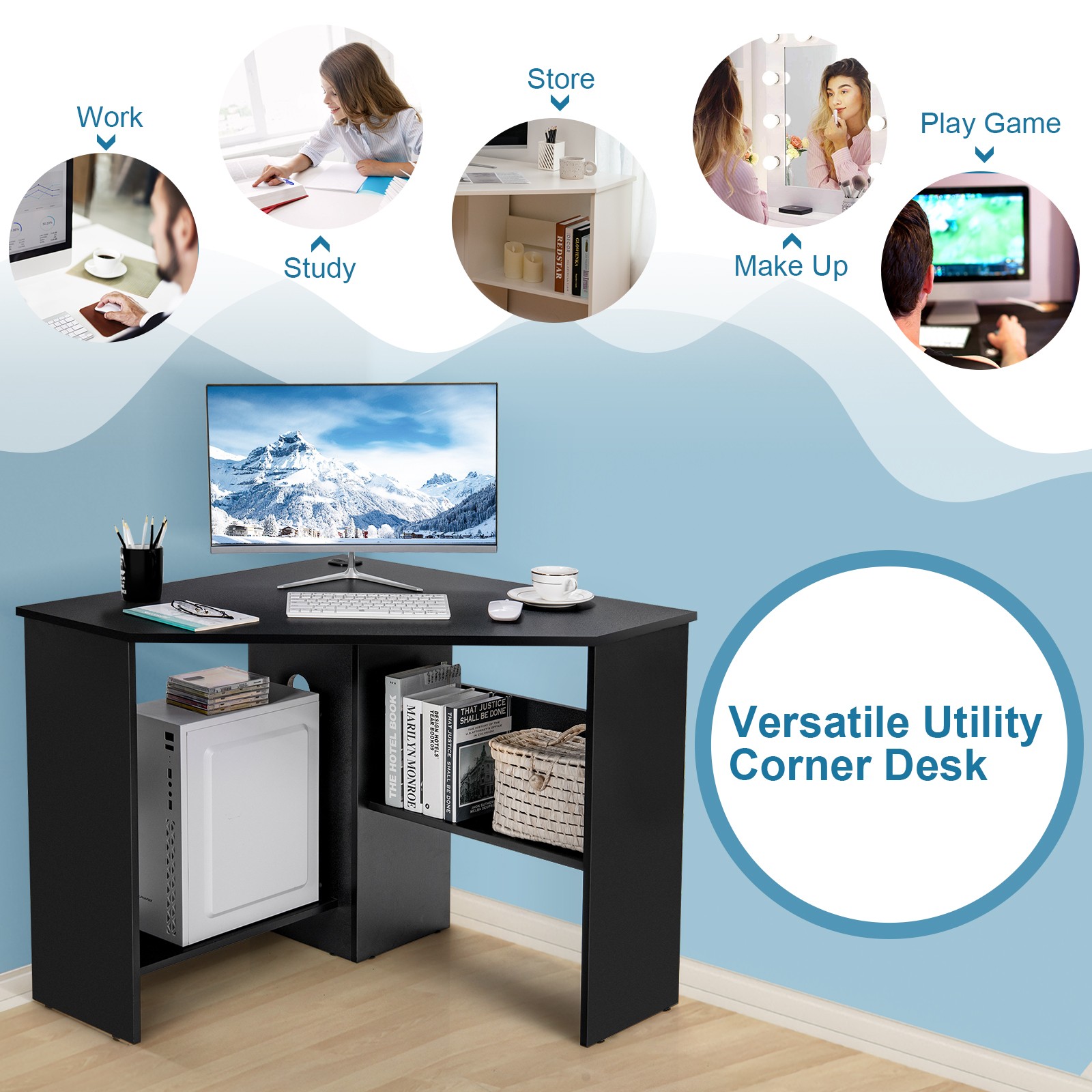 Triangle Writing Workstation Corner Computer Desk w/ Storage Shelf Black