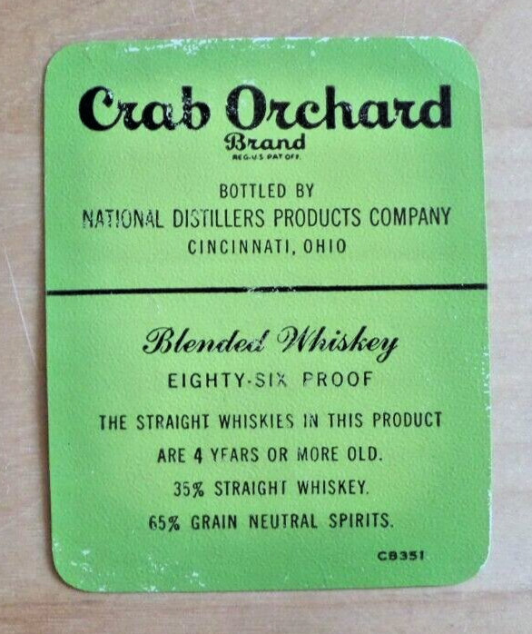 Crab Orchard National Distillers small label Cincinnati Blended Whiskey