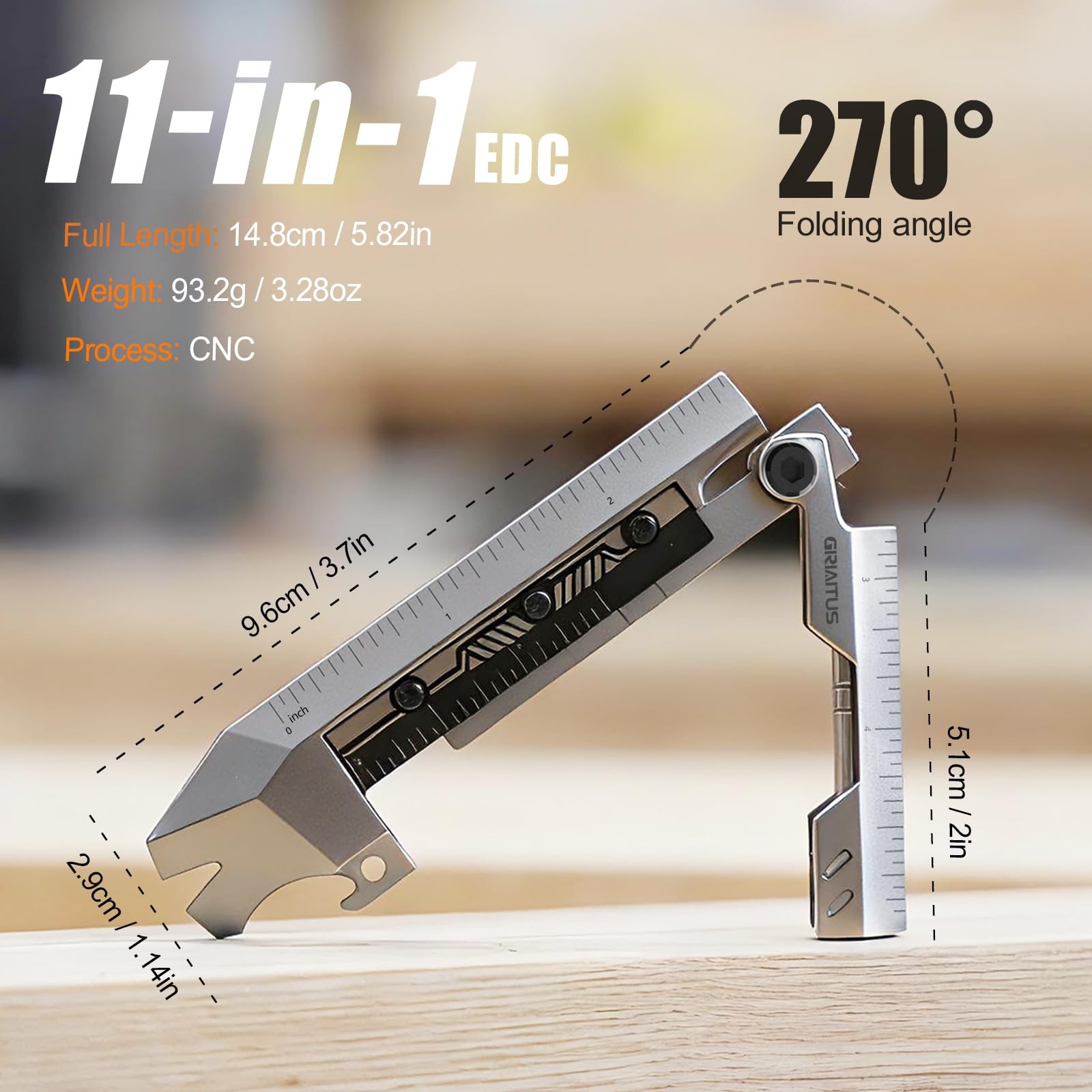 EDC Pry Bar Multitool with Folding Ruler, Compact Pocket Tool Silver