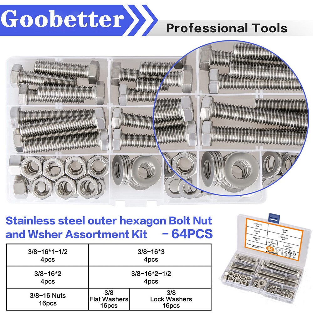 64pcs 3/8-16 Hex Head Bolt Nut Flat & Lock Washer Assortment Kit Stainless Steel