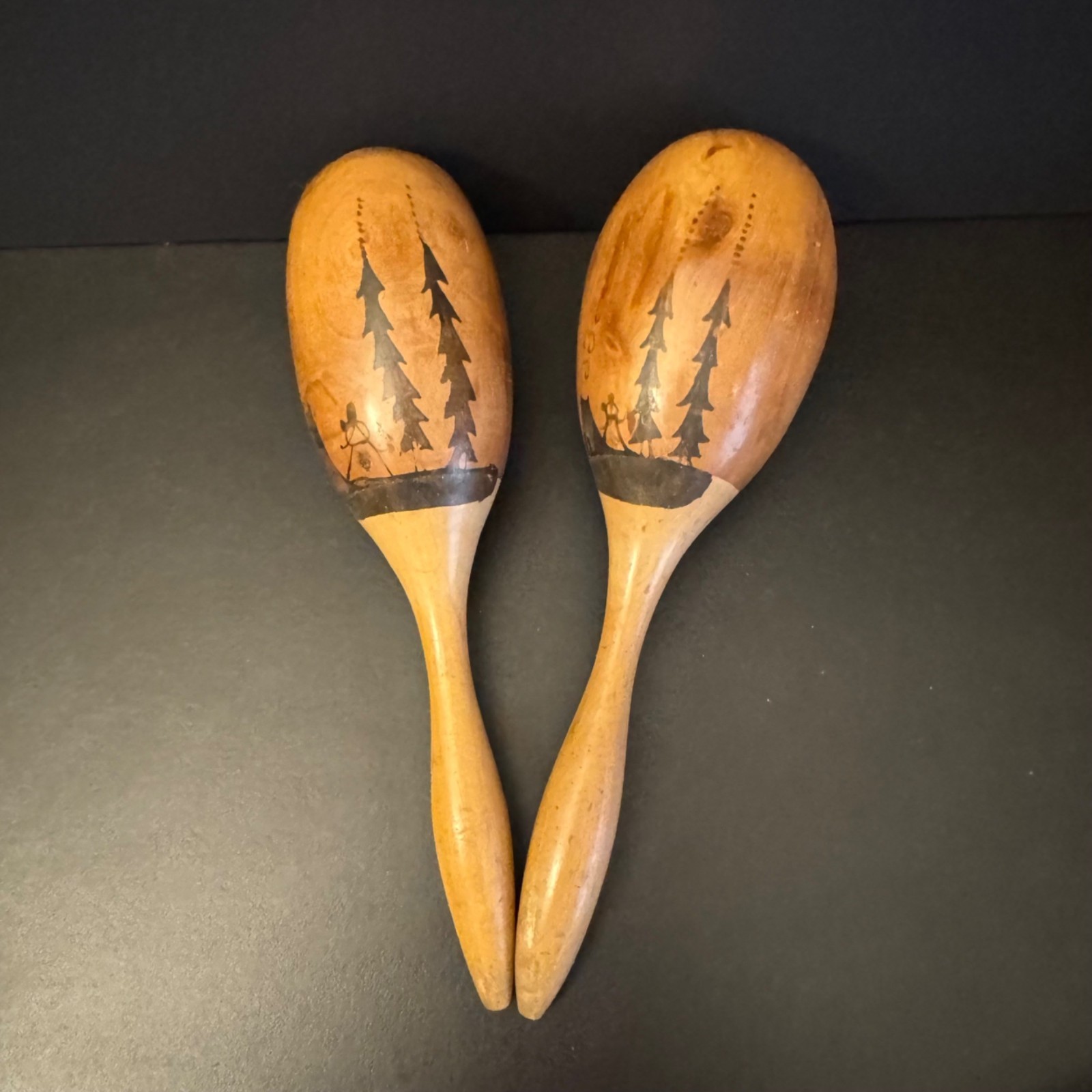 VTG Hand-Painted Wooden Maracas w/ Rustic Forest & Camping Scene Set Of Two