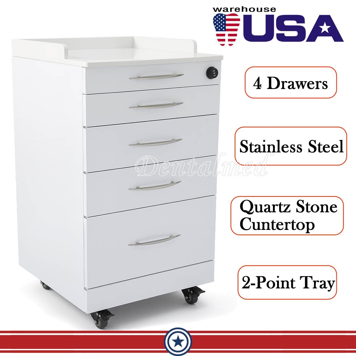 Dental Mobile Cart Quartz Medical Countortop Stainless Steel Four-Drawer Cabinet