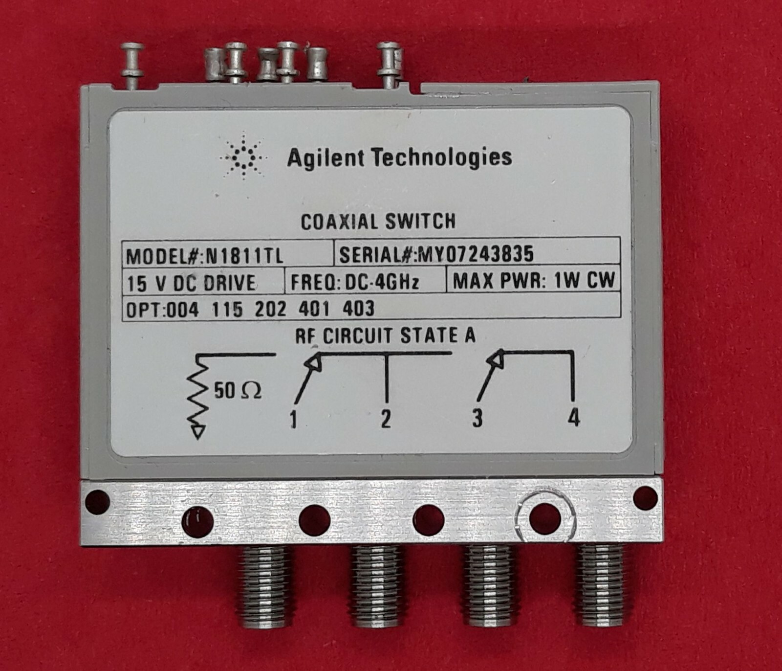 Agilent N1811TL Coaxial Switch DC To 4 Ghz Options 004, 202, 401, 403