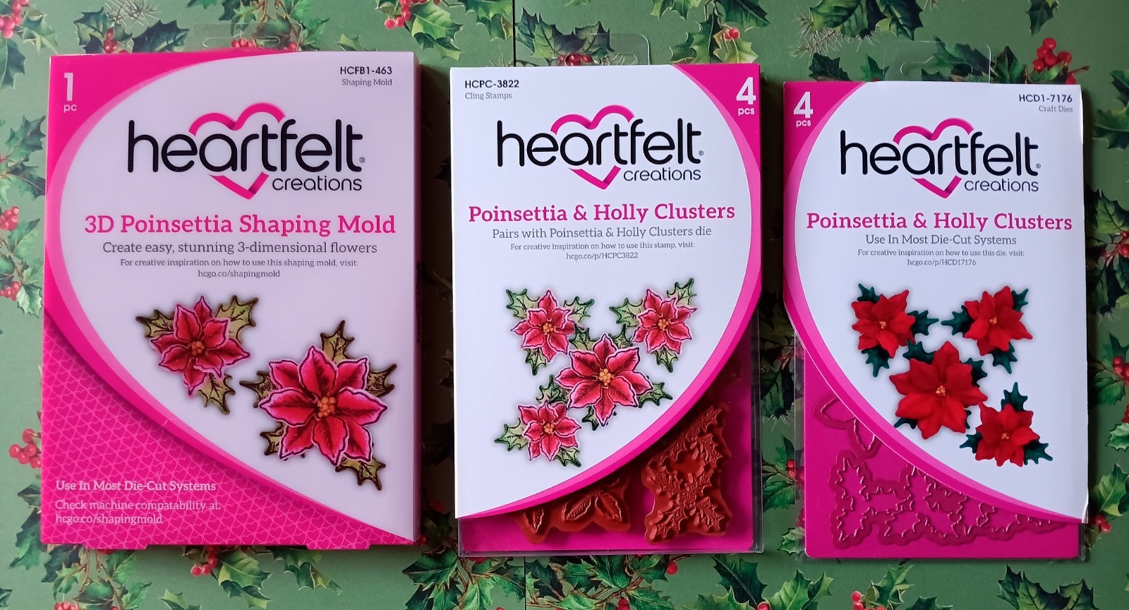 HEARTFELT CREATIONS POINSETTIA HOLLY CLUSTERS ~ STAMPS DIES MOLD *SHIPS FREE*