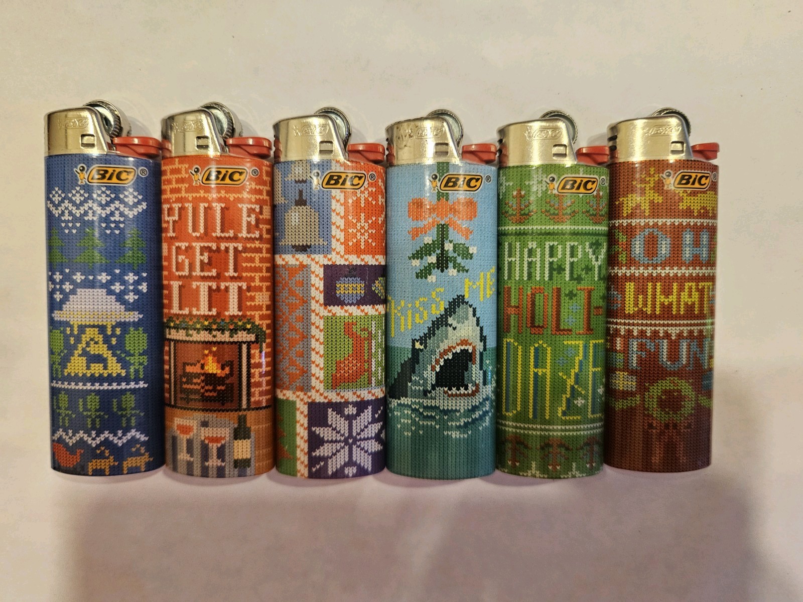 BIC Holiday Design Set of 6 Disposable Flame Lighters Plastic Metal Butane Fuel