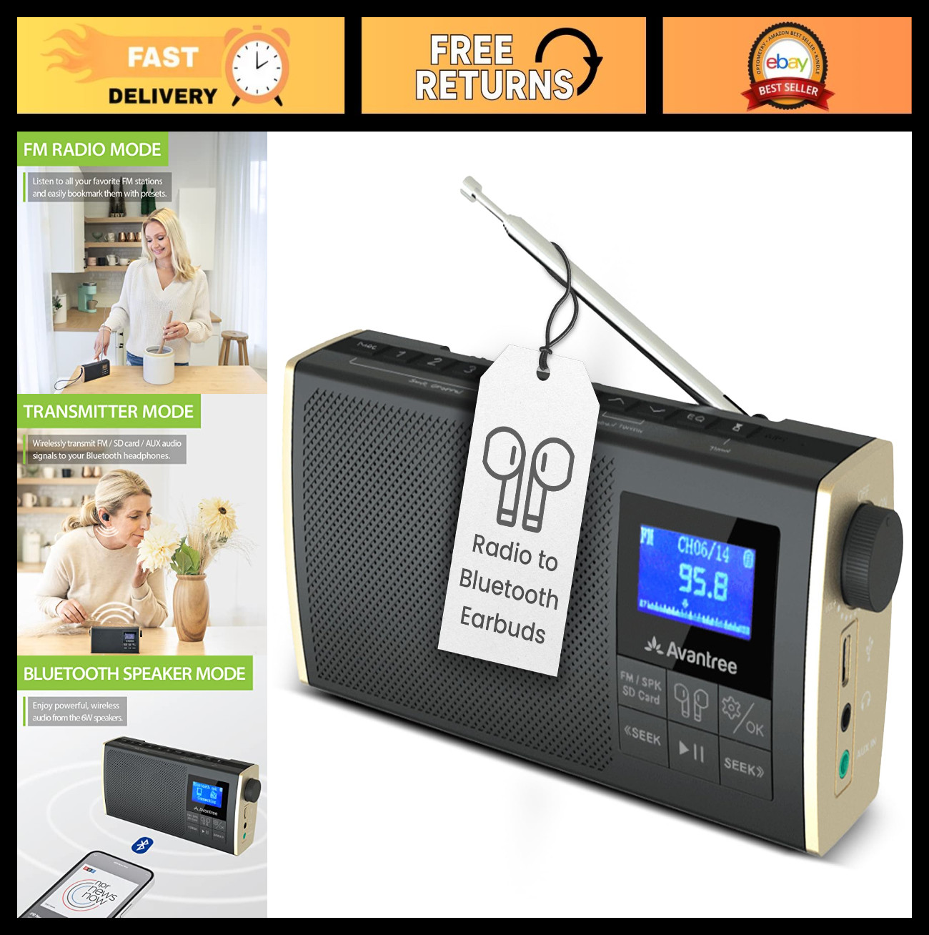 4-in-1 Bluetooth Transmitter & FM Radio, Streaming to Earbuds/Stereo, MP3 Player