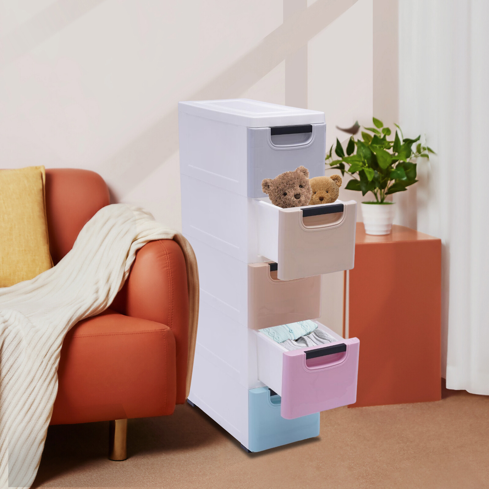 Stackable Vertical Storage Cabinet Clothes Storage Box w/5 Drawers PP Plastic