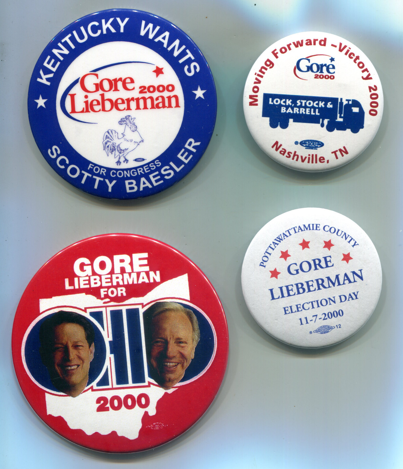 4 Gore  Pinback Buttons: Kentucky, Nashville, Ohio, Potawnamee