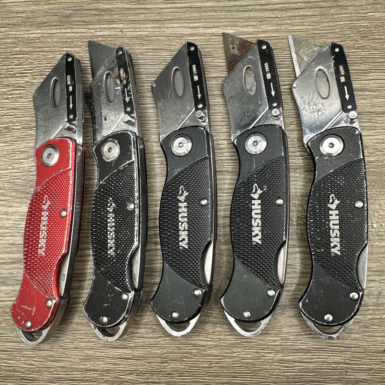 (Lot E) 5 Husky Black Folding Lockback Pocket Utility Knife Set, Box Cutter