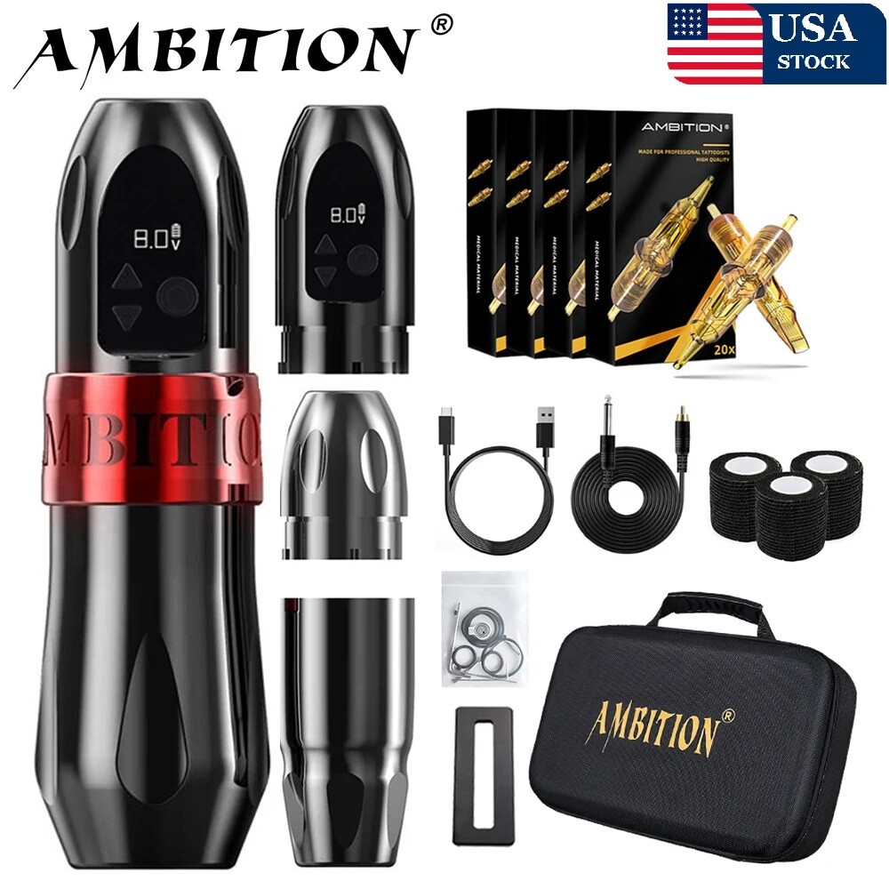 Ambition Boxster Kit Wireless Tattoo Machine Pen Motor 2400mAh Battery 80pcs