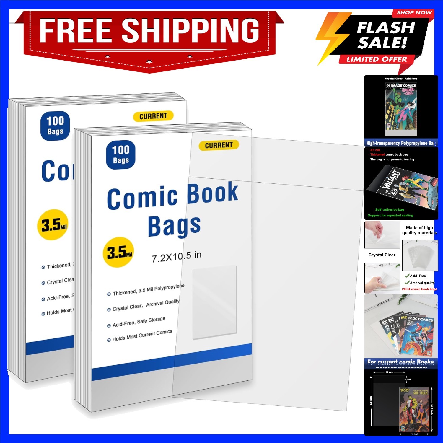 200ct Current Comic Book Bags Resealable,3.5 Mil Thick Comic Book Sleeves,Aci...