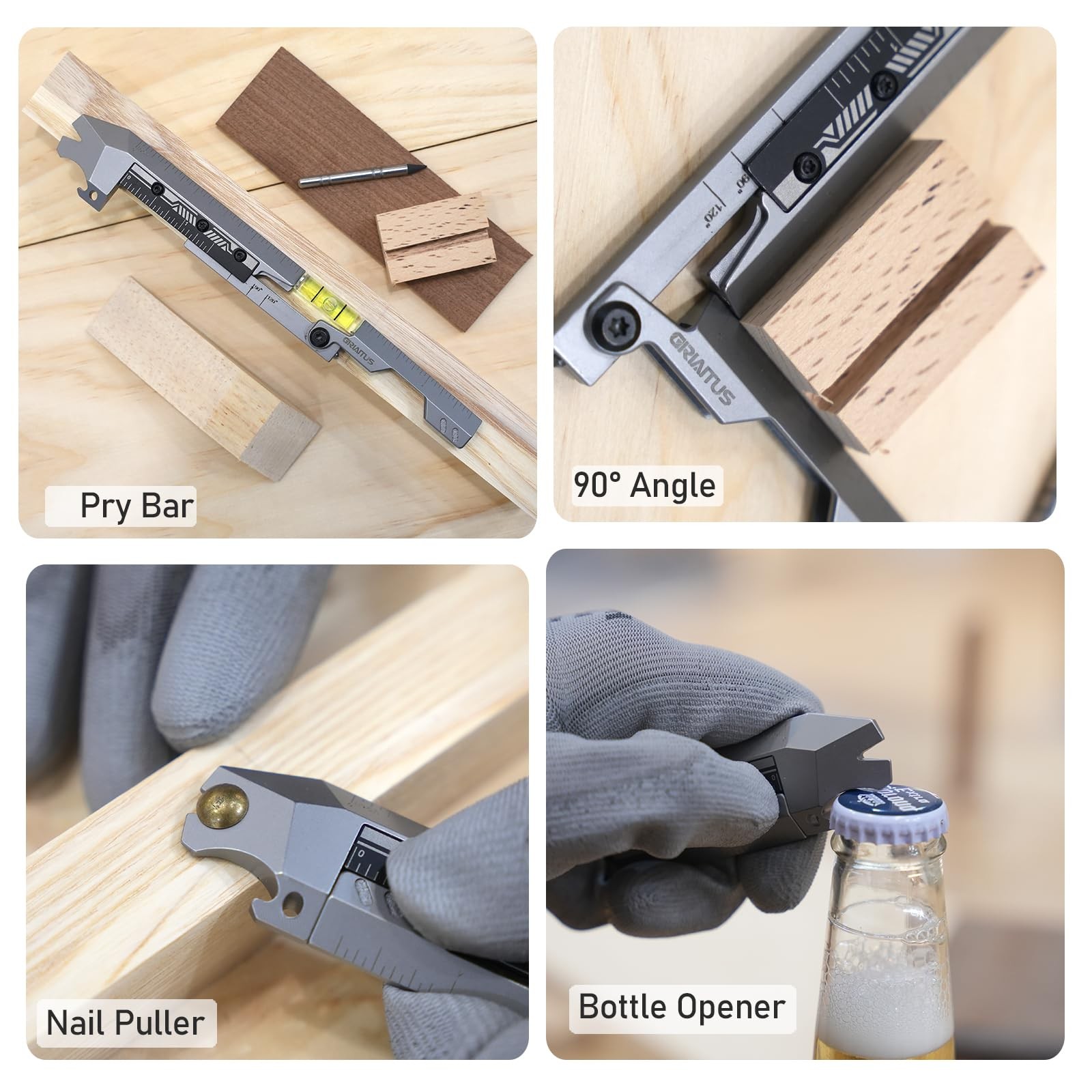 EDC Pry Bar Multitool with Folding Ruler, Compact Pocket Tool Silver