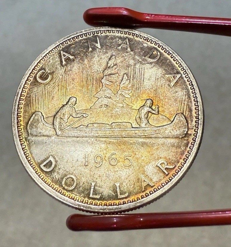 1965 Canada $1 Silver Dollar Coin Large Beads - Toned Gem