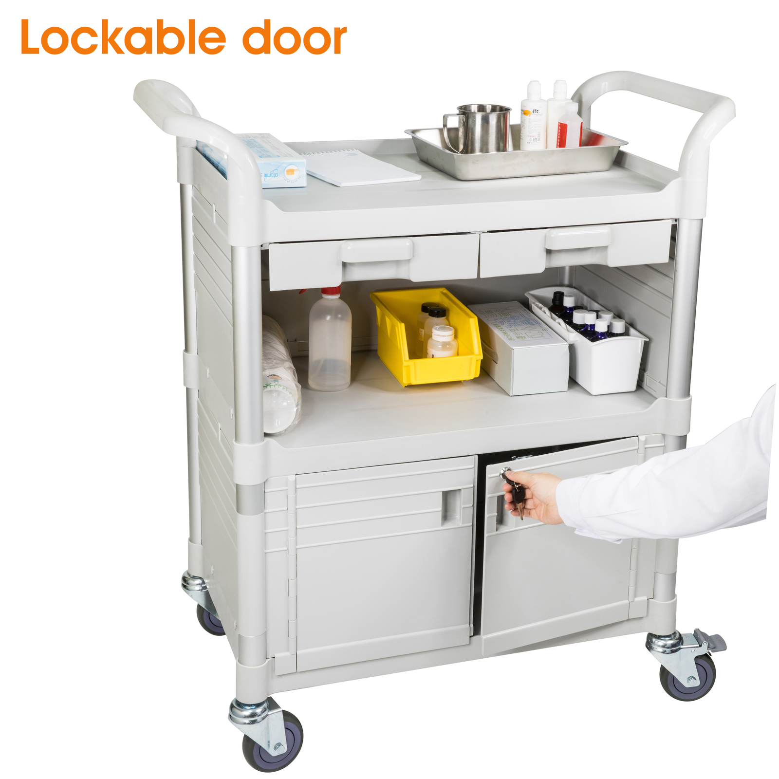 JaboEquip 3 Tier Utility Cart Lockable Medical Cart Service Cart JBG-3KD1 White