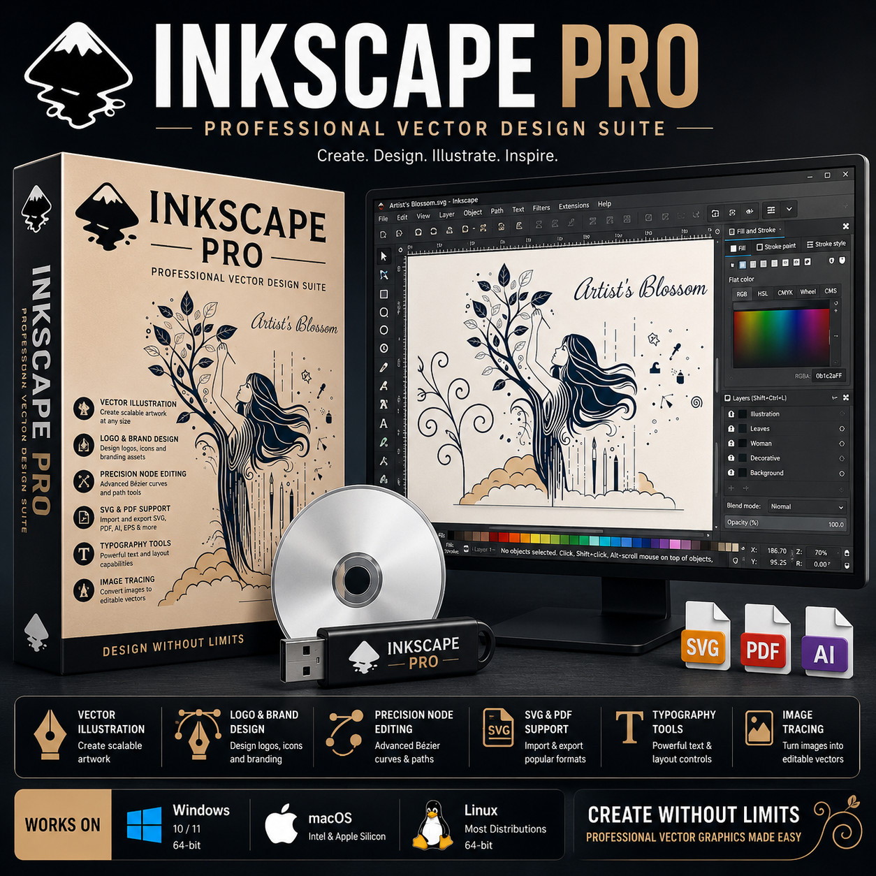 Inkscape Pro Illustrator | Vector Graphic Design | USB & CD | LATEST