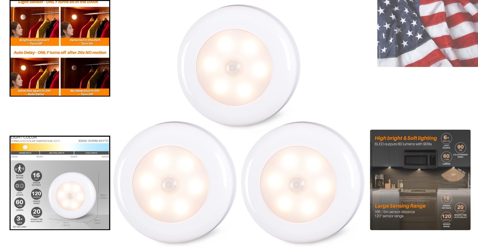 3 Pack 2.8” Motion Sensor Lights Indoor AAA Battery Operated, Stick on LED Pu...
