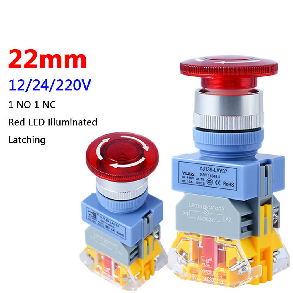Red LED Illuminated 22mm E-STOP Switch Emergency Stop Push Button Switch 12-220V