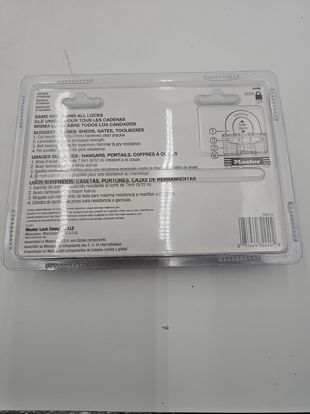 Master Lock ‎3008D 3/4in Keyed Padlock pack of 4 - Silver