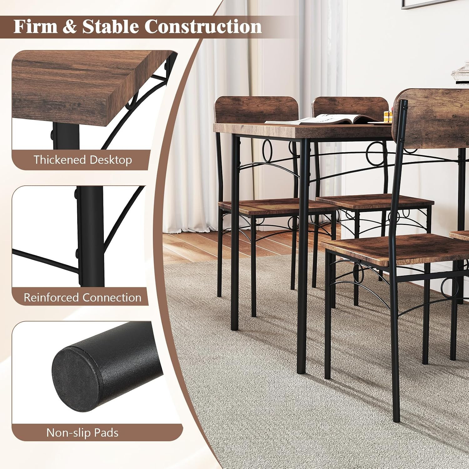 Dining Table Set for 4, Rectangle Kitchen Table and 4 Farmhouse Dining Chairs wi