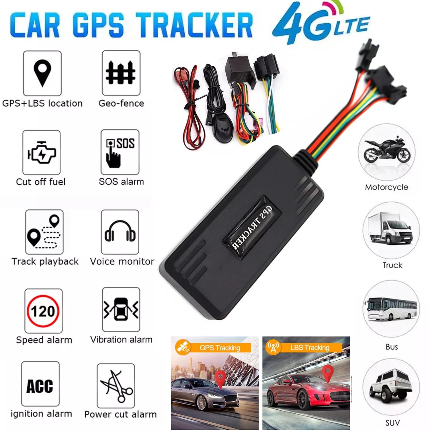 4G 8pin GPS Tracker Car Locator GPS Real Time Vehicle Remote Control Anti Theft