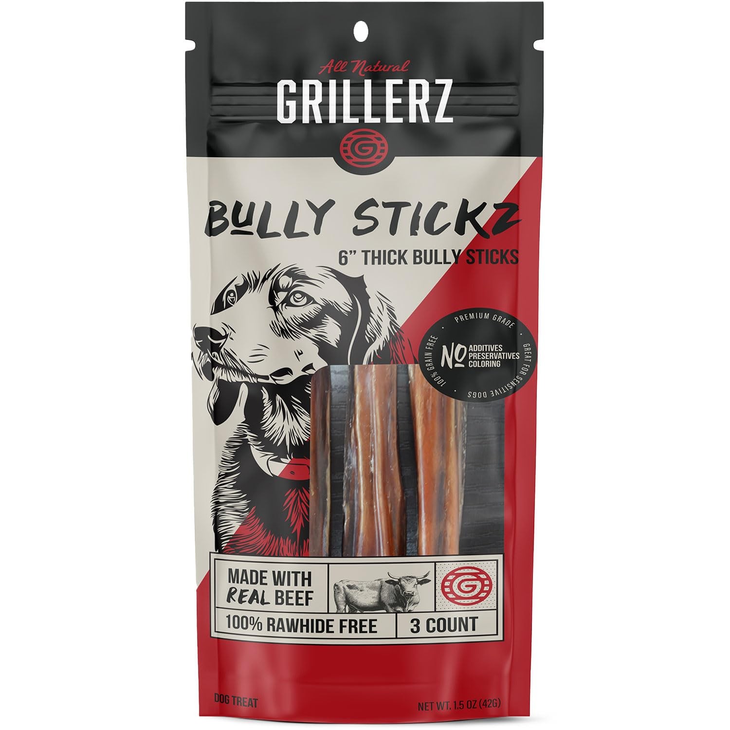Grillerz Thick Bully Sticks, 3 Count, 6 inch, All Natural 3 Count (Pack of 1)