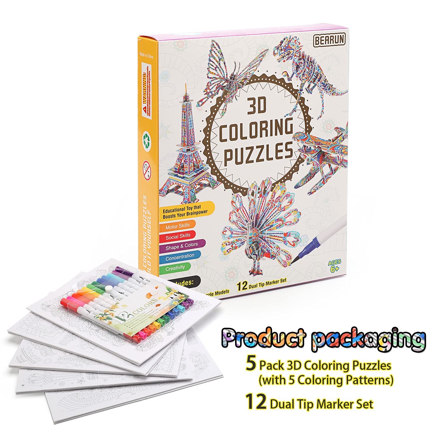 BEARUN 3D Coloring Puzzle Set, Arts and Crafts for Girls Large, 5PACK 01
