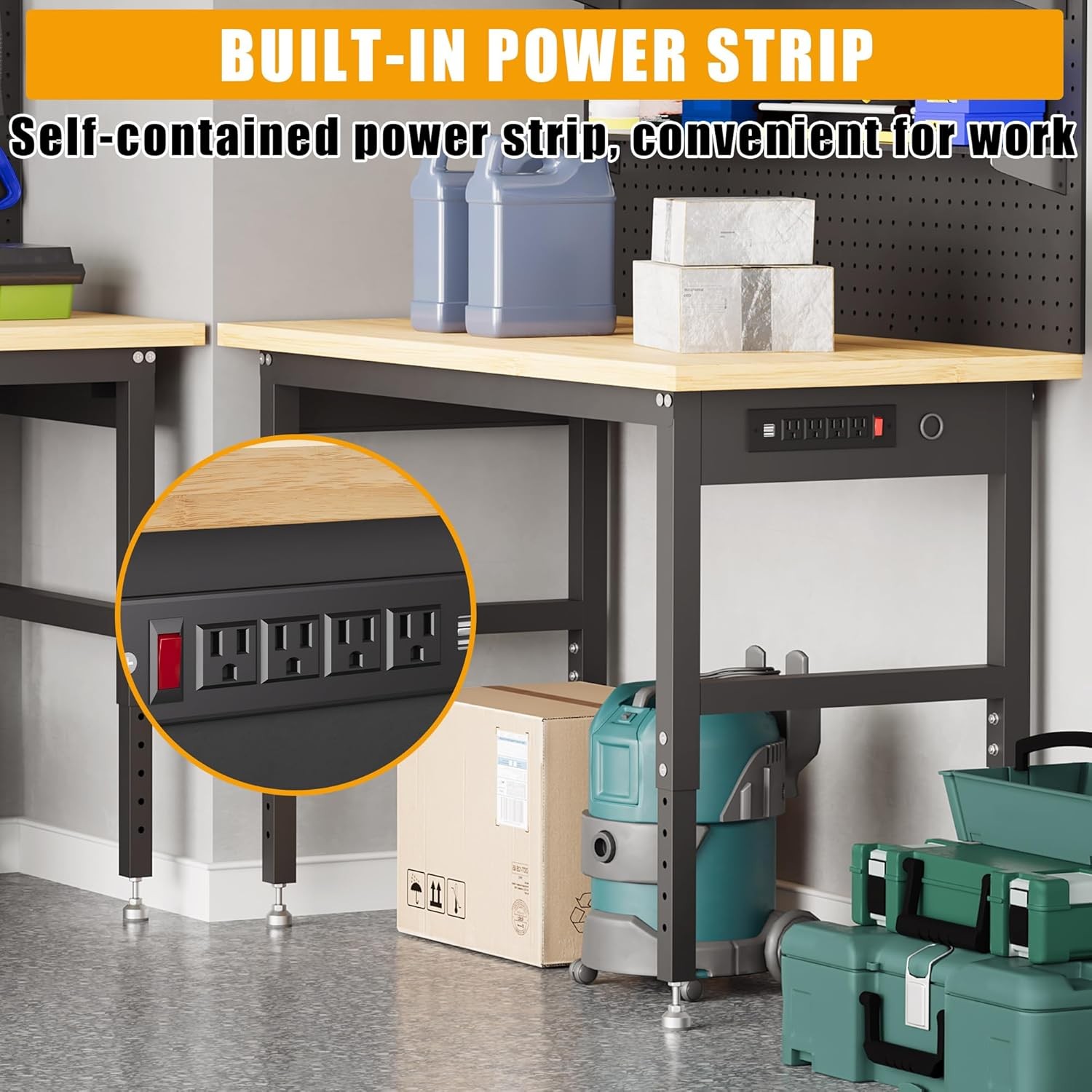 60 Inch Mobile Workbench with Power Outlets, Storage Shelves & Pegboard