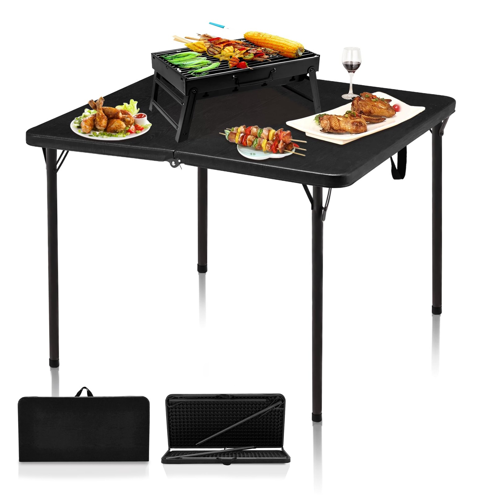 Outspurge 34" Folding Table, Portable Square 34"L X 17"W X 2.75"H, Black