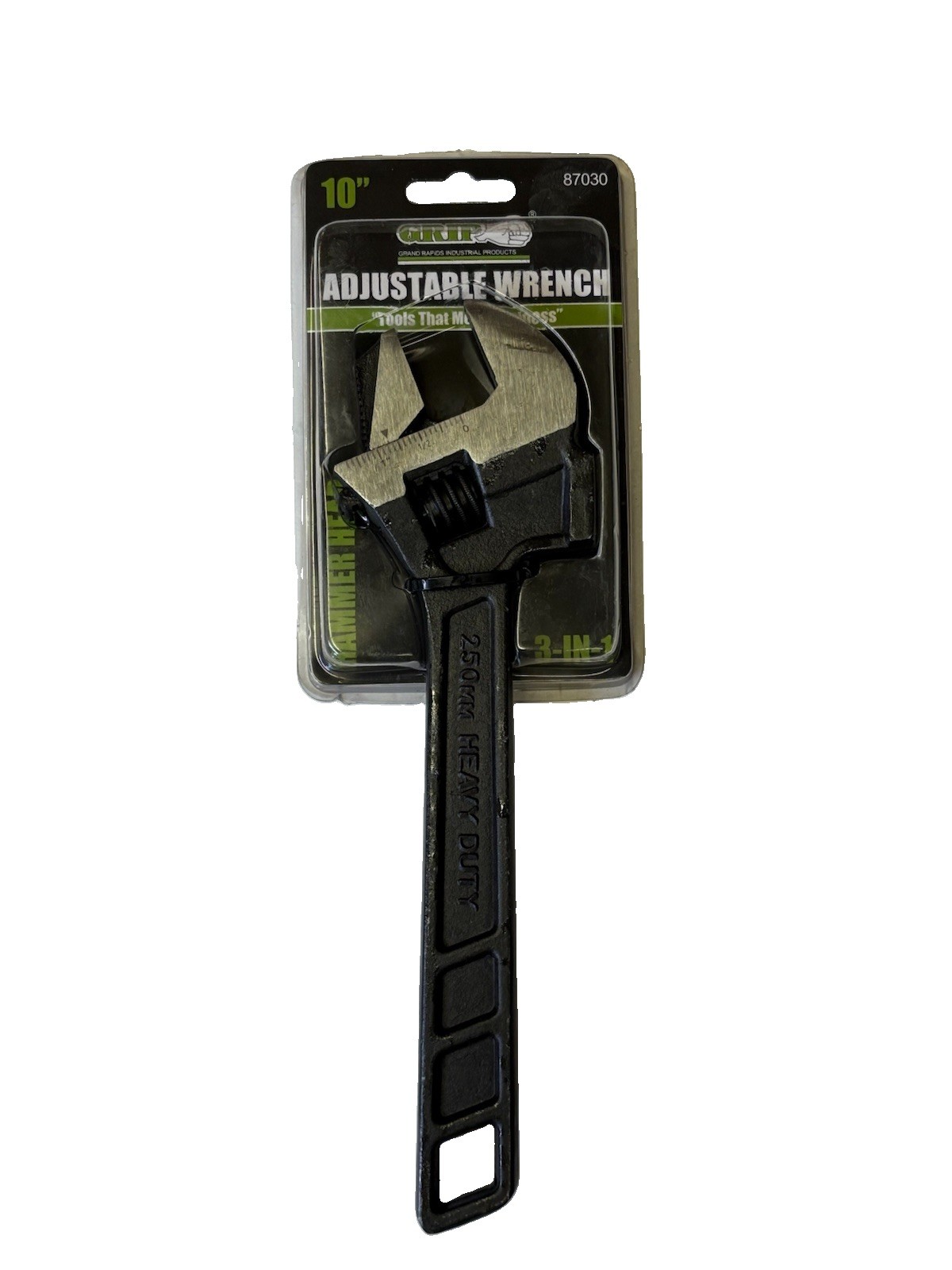 GRIP  10" 3 in 1 Adjustable Wrench Hammer Head Reversible Jaws Tool 87030