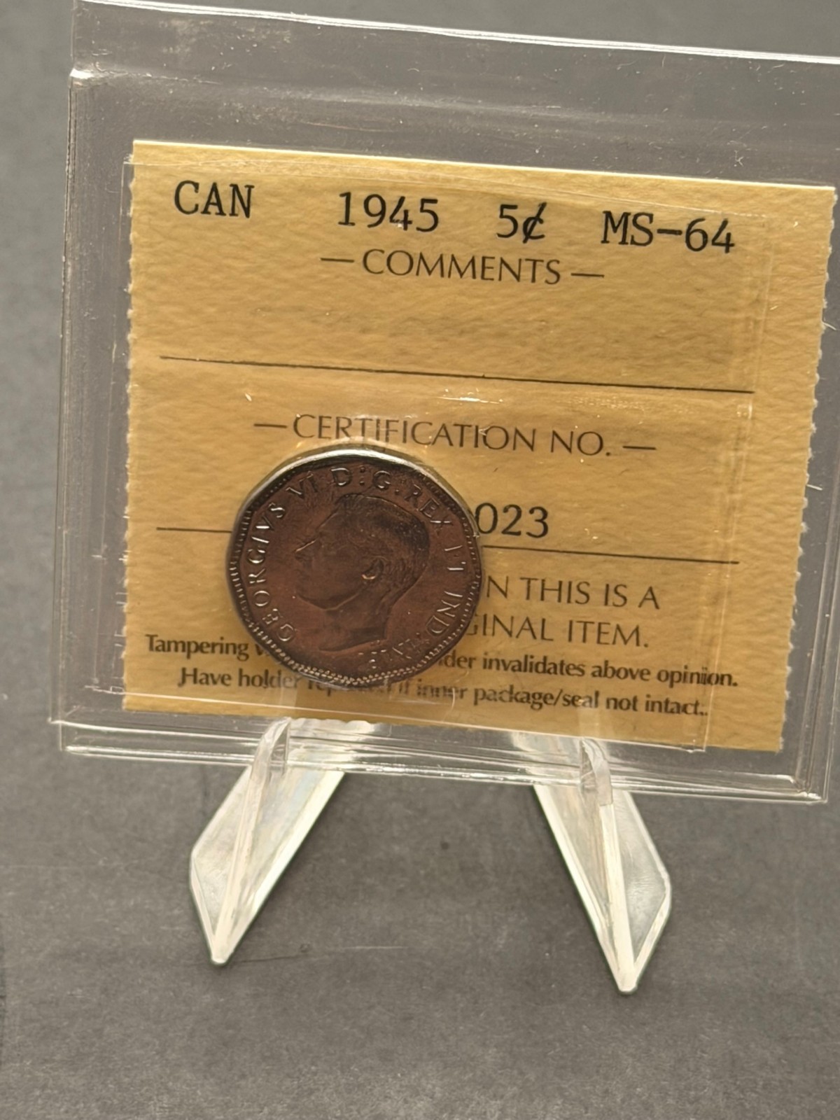 1945 Canada 5 Cent ICCS Graded MS-64
