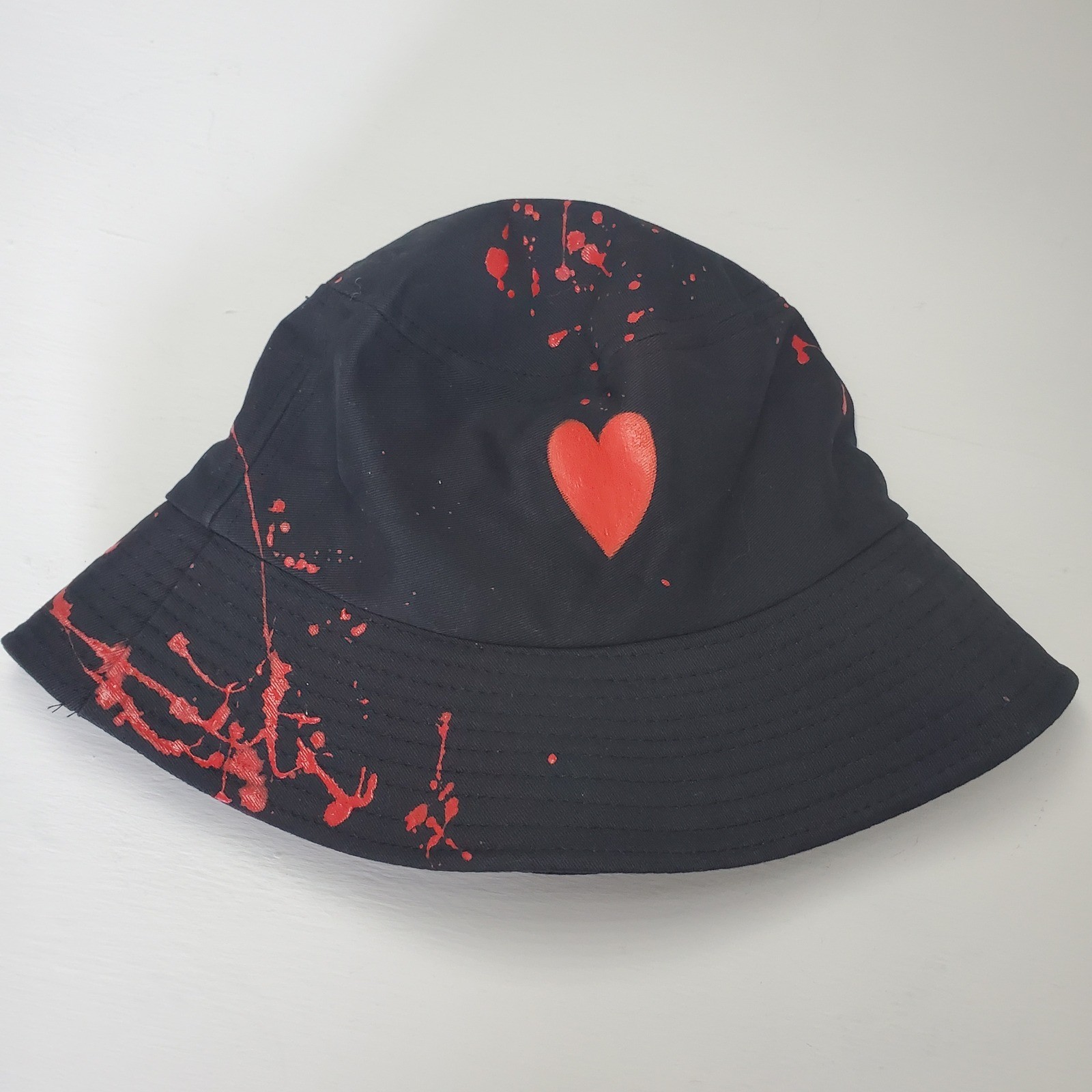 Black Bucket Hat Red Heart & Splatter Paint Cotton Festival Streetwear